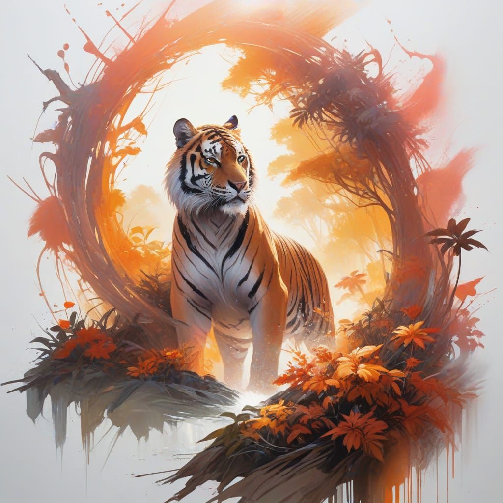 Tiger in Sunlit Jungle at Sunrise in Vibrant Watercolor Styl...