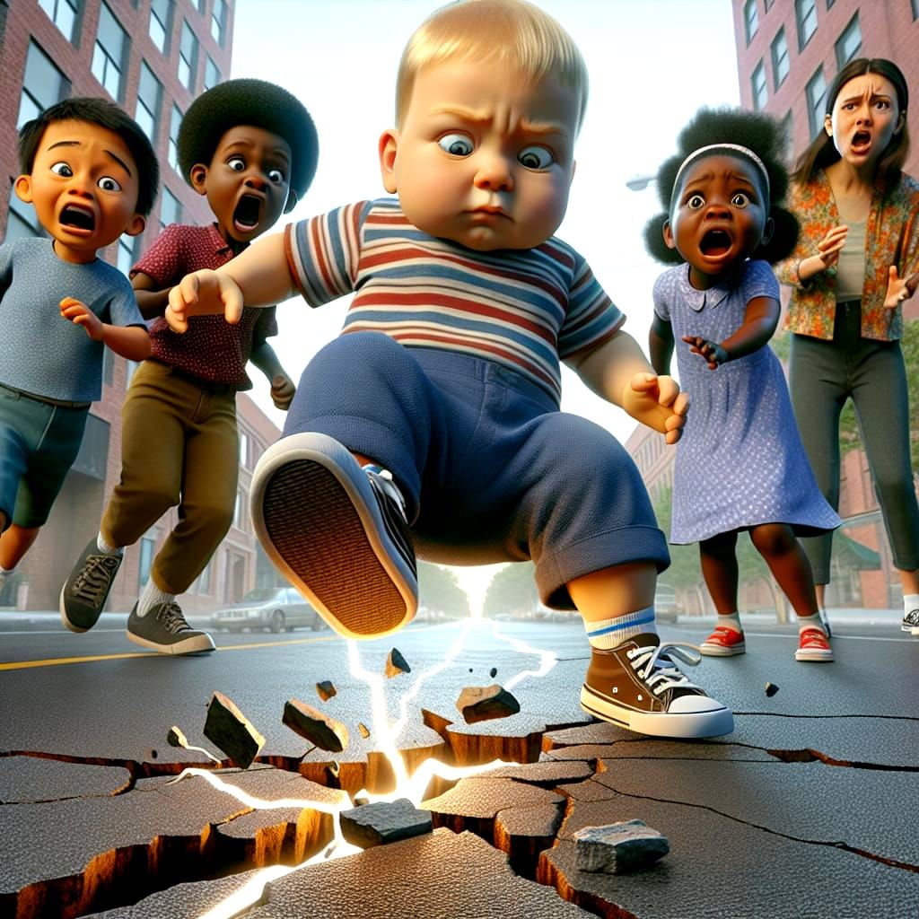 Cartoon Toddler About to Step on a Crack