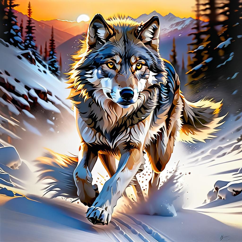 Gray Wolf Running in Winter Landscape