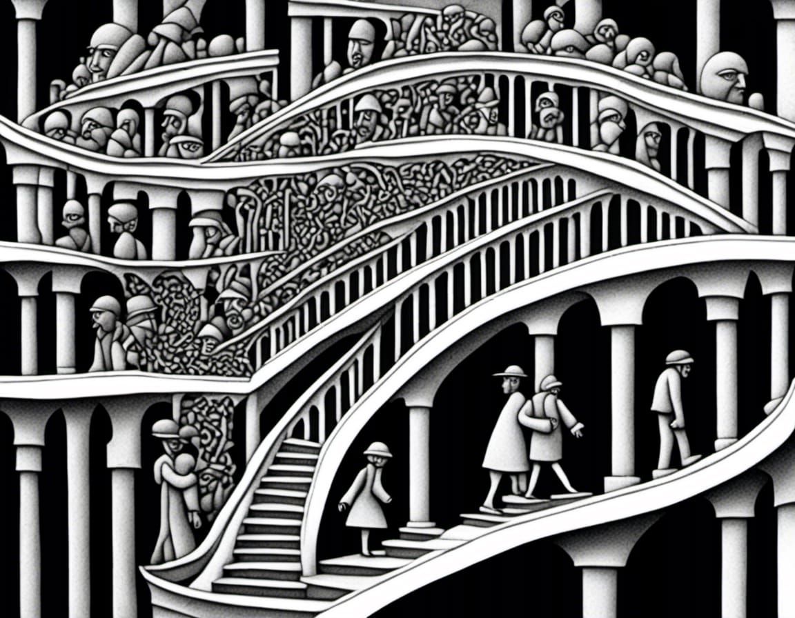 Abstract Geometric Staircase Illustration in Escher Style