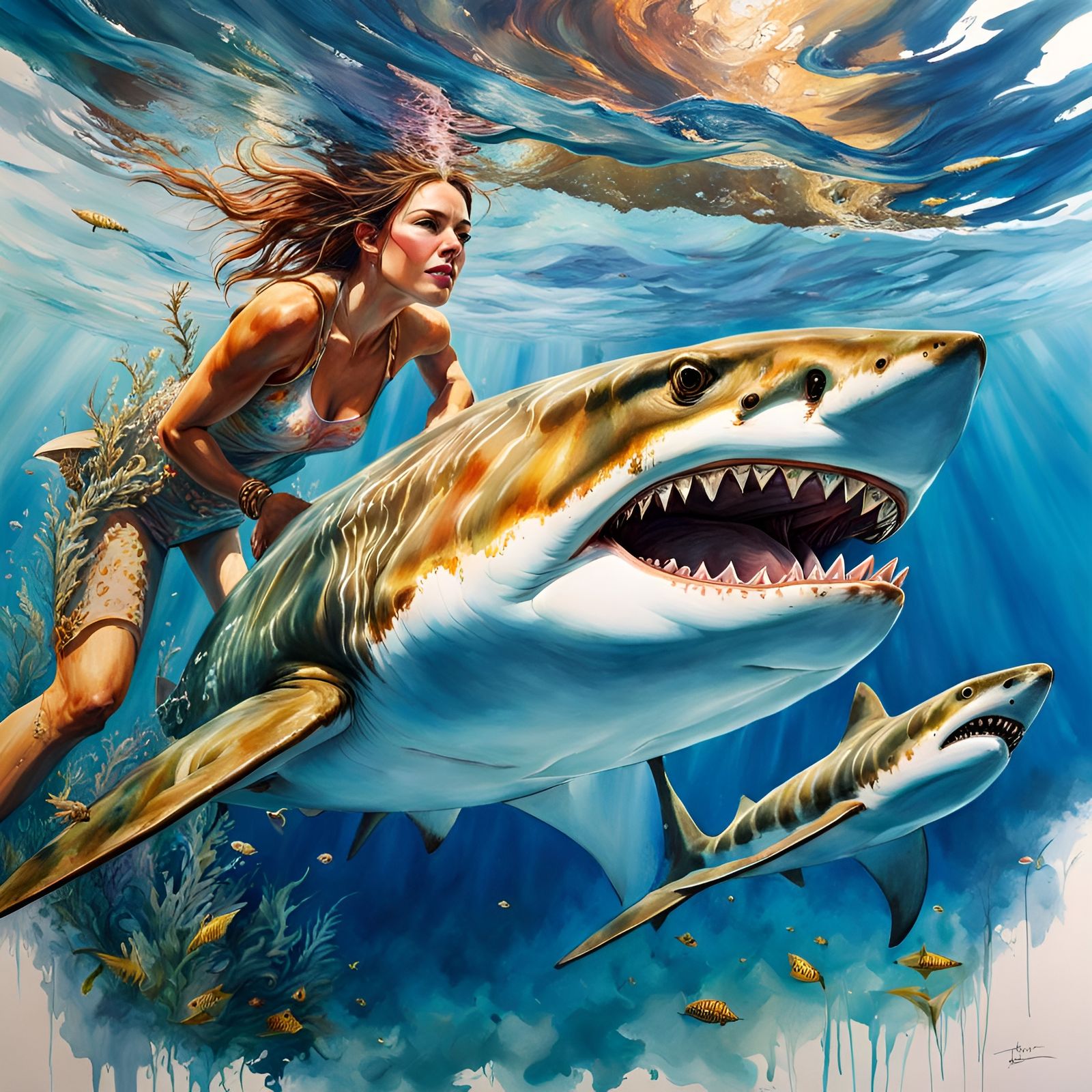 Hyperrealistic Sharks in Ocean, Action Painting