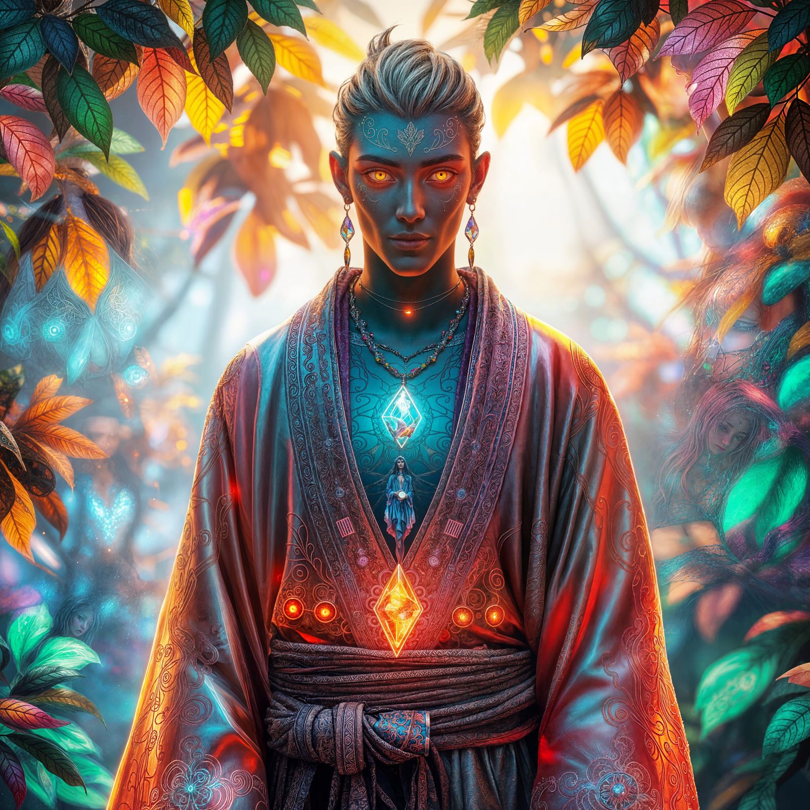 Ethereal Druid in Neon Forest Elegance