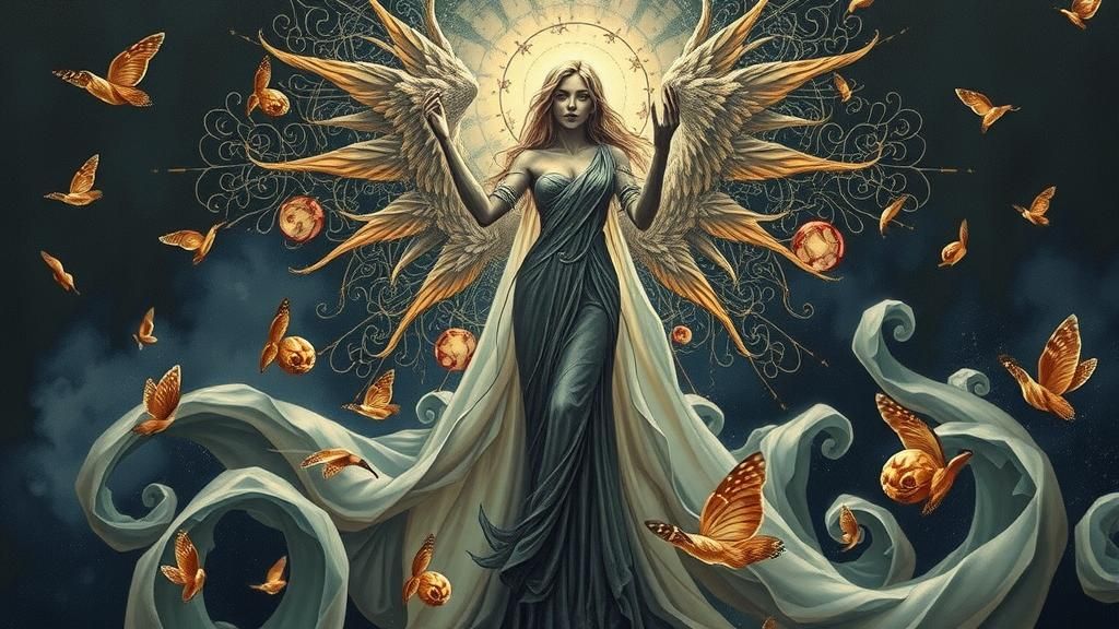 Ethereal Woman with Ancient Symbol in Surreal Landscape