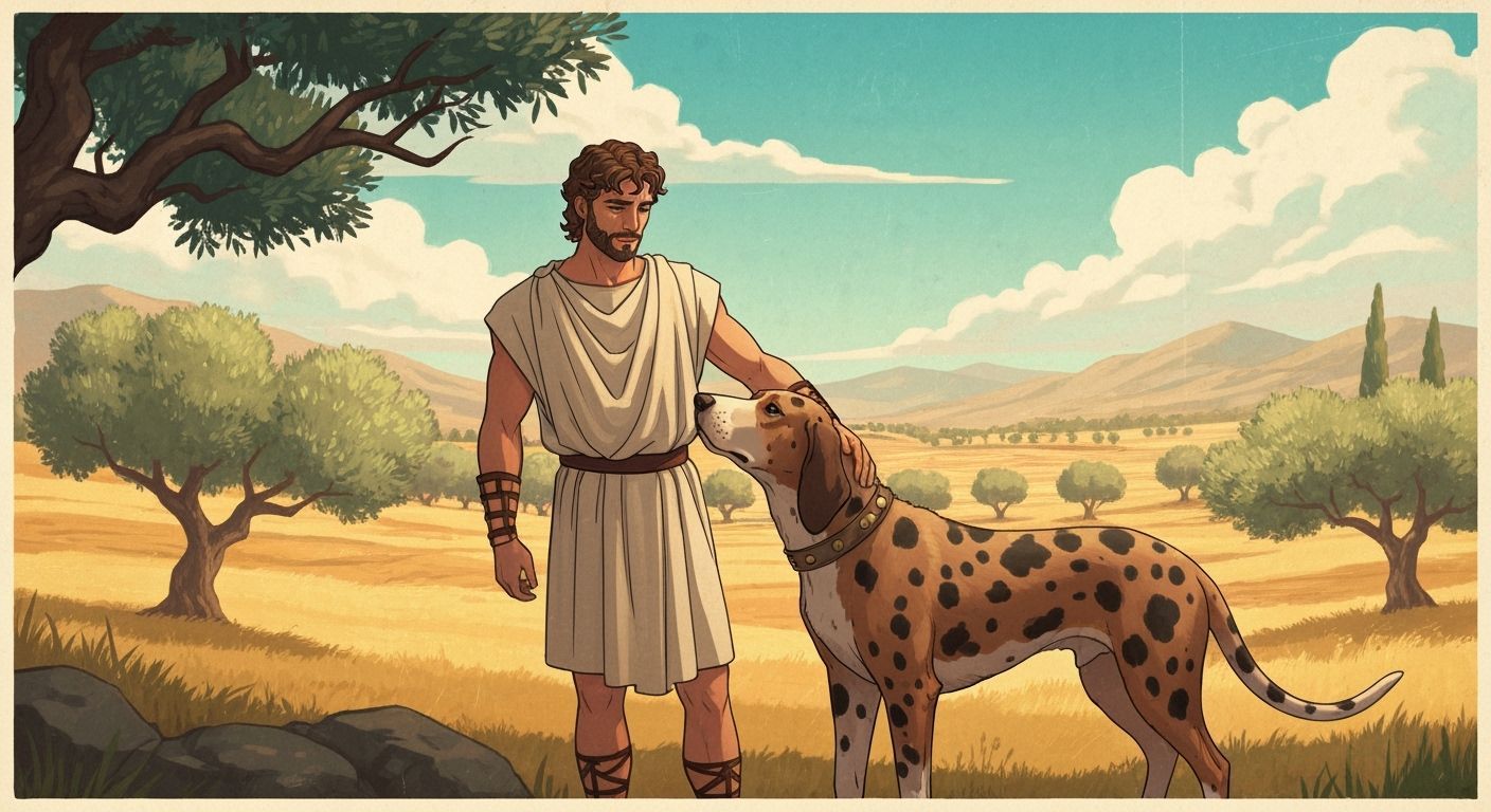 Heracles Pets Cerberus in Ancient Greek Landscape