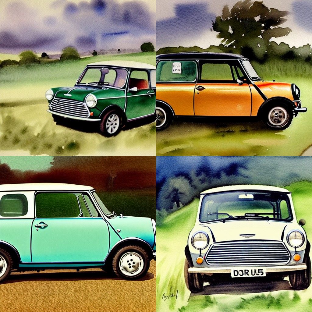 Austin Mini in English Countryside: Watercolor Art