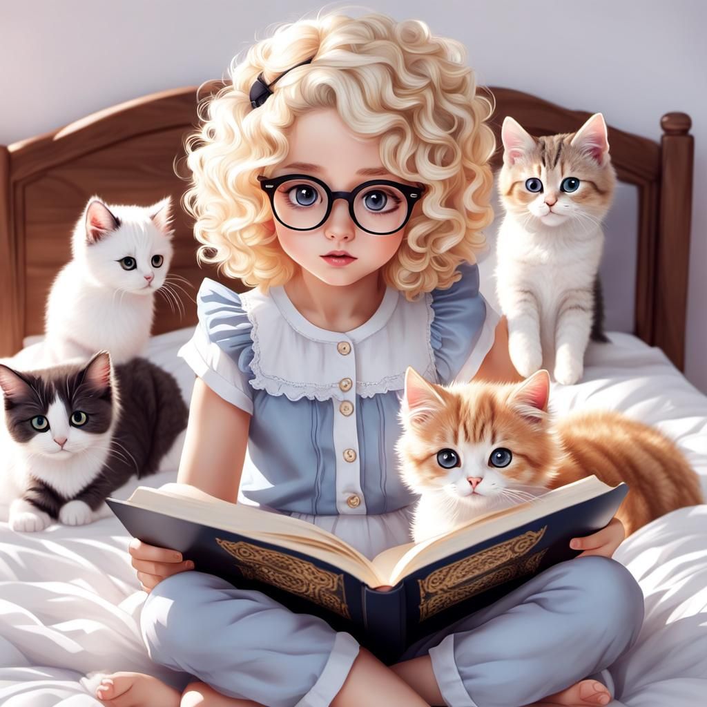 Adorable Girl Reading with Kitten, Digital Art
