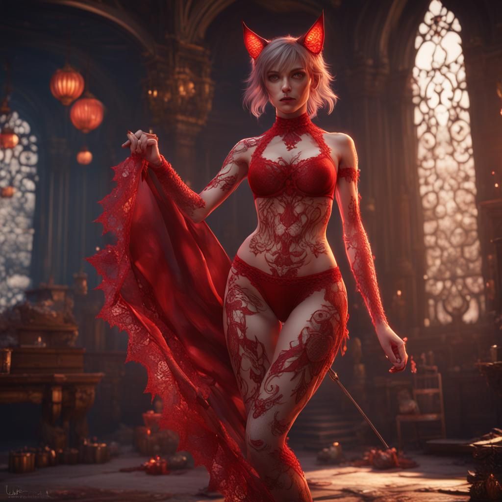 Catgirl in Red Lace: Detailed Fantasy Art