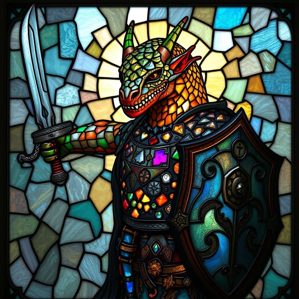 Stained Glass Portrait of an Argonian Warrior in Plate Mail