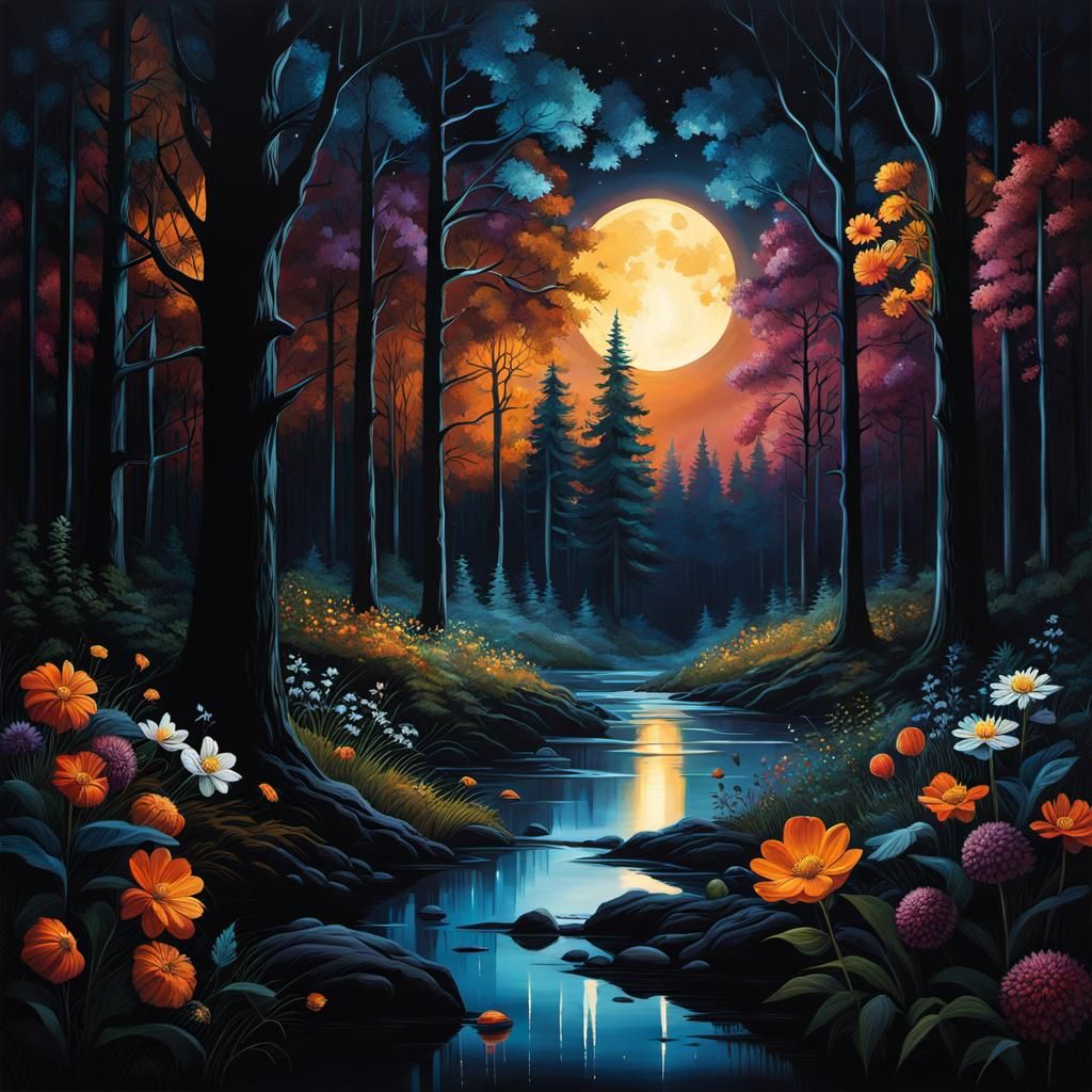 Night Forest with Mysterious Lights