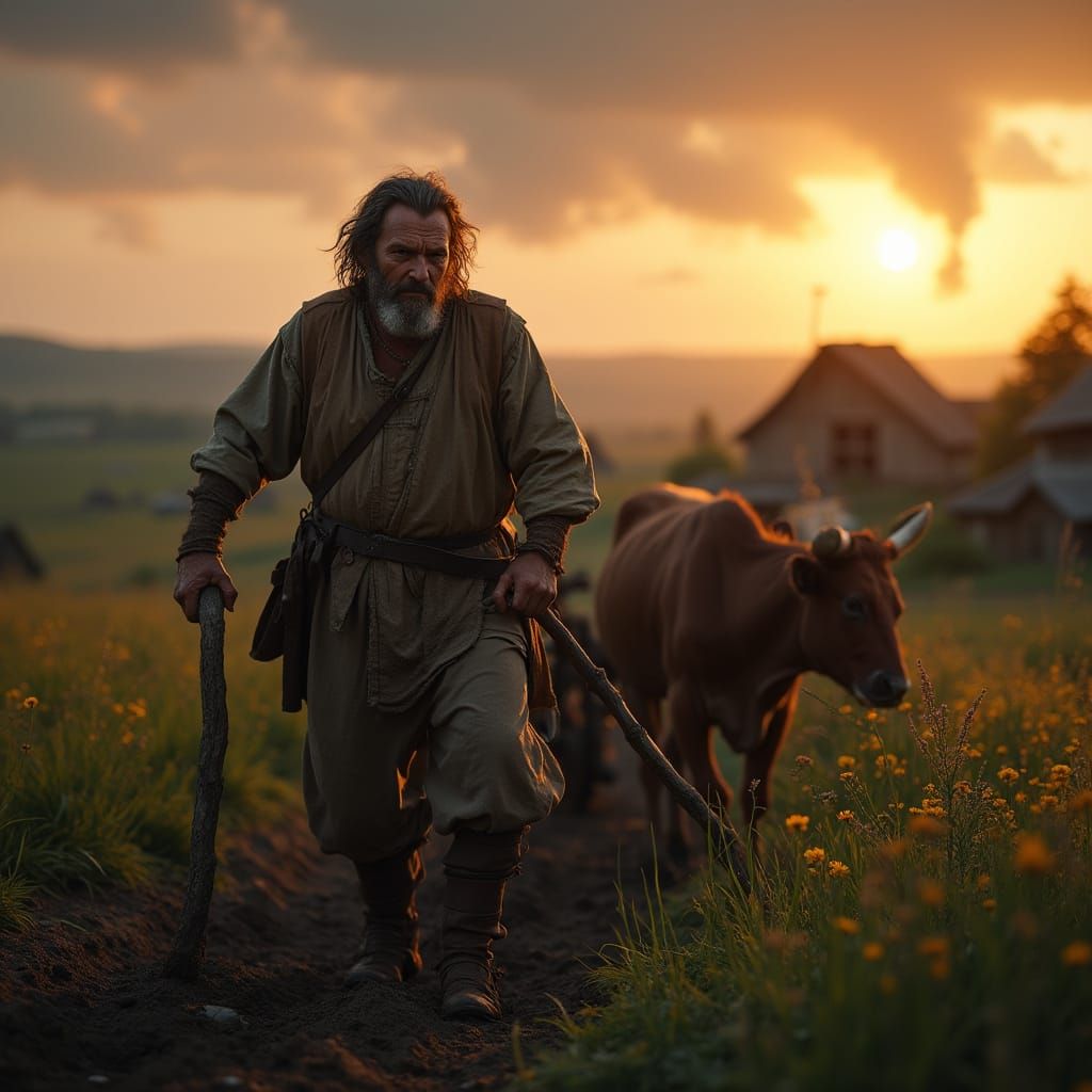 Medieval Peasant Plows Field Under Golden Sunset