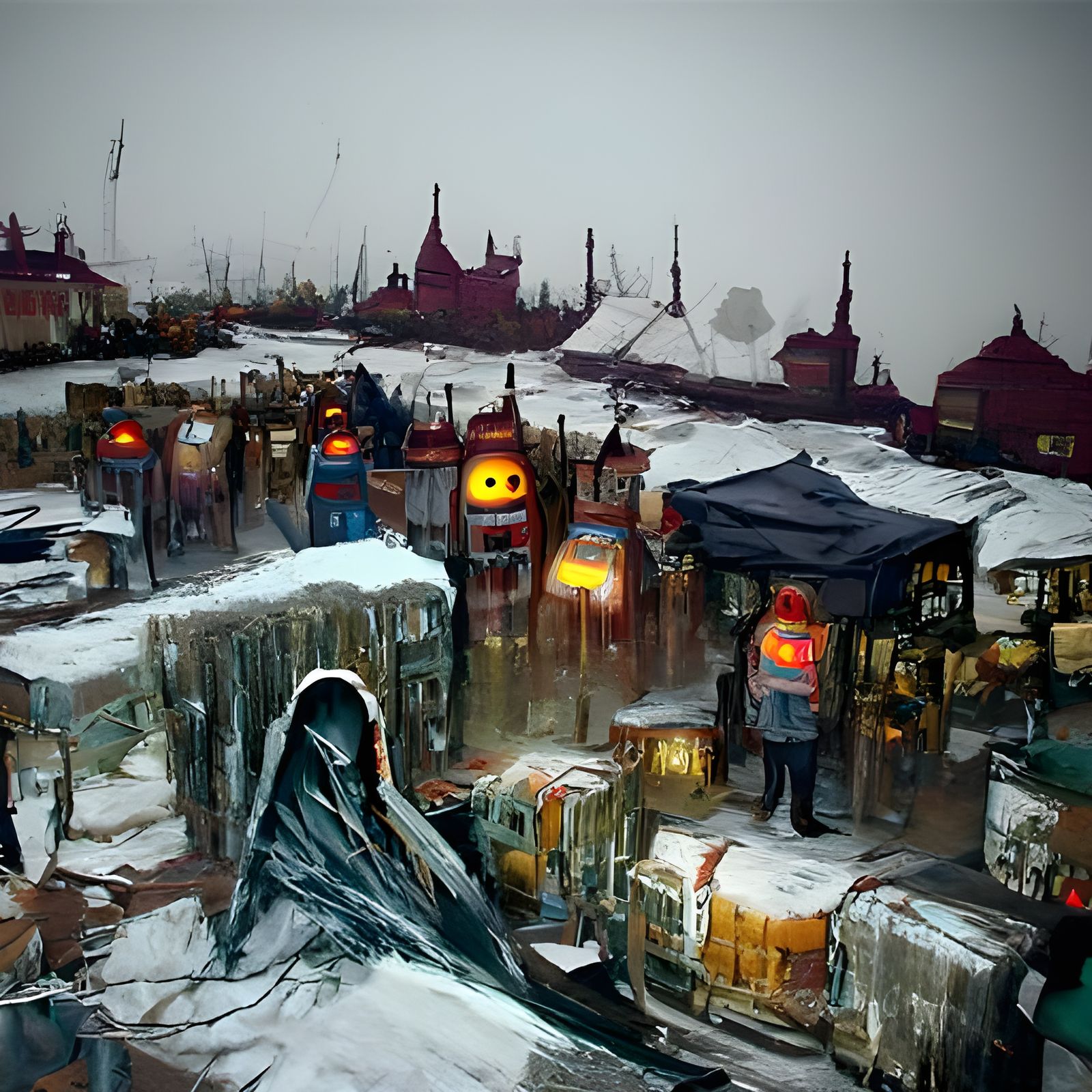 Gothic Dieselpunk Grim Reaper in Snowy Village