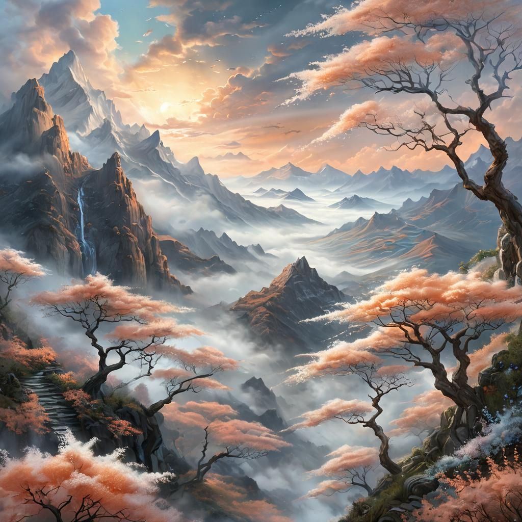 Ethereal Fantasy Landscape with Acacia and Fractals