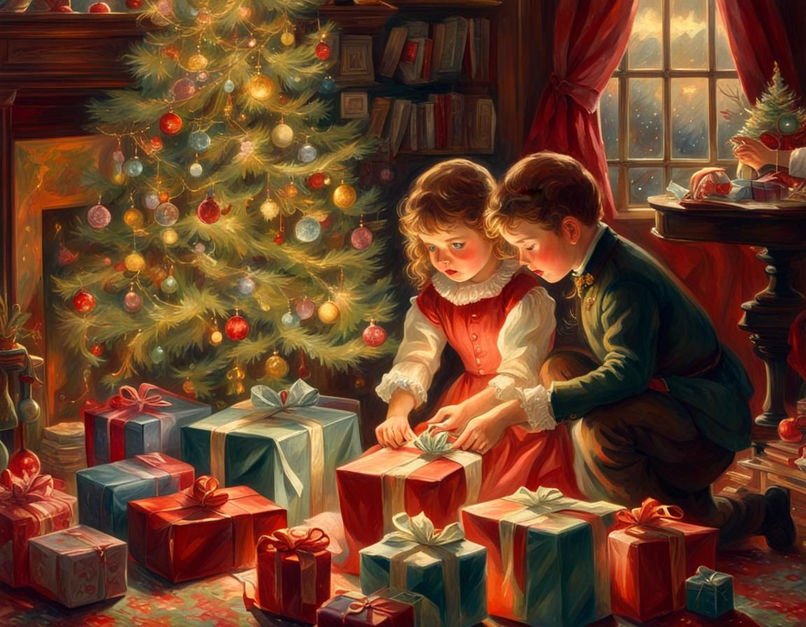Victorian Children Opening Christmas Presents