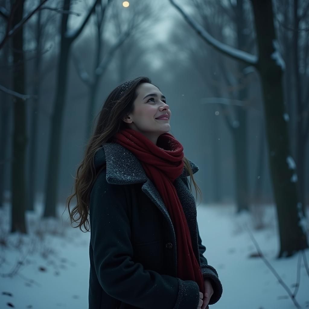Moonlit Woman in Winter Forest: Dreamy Scene