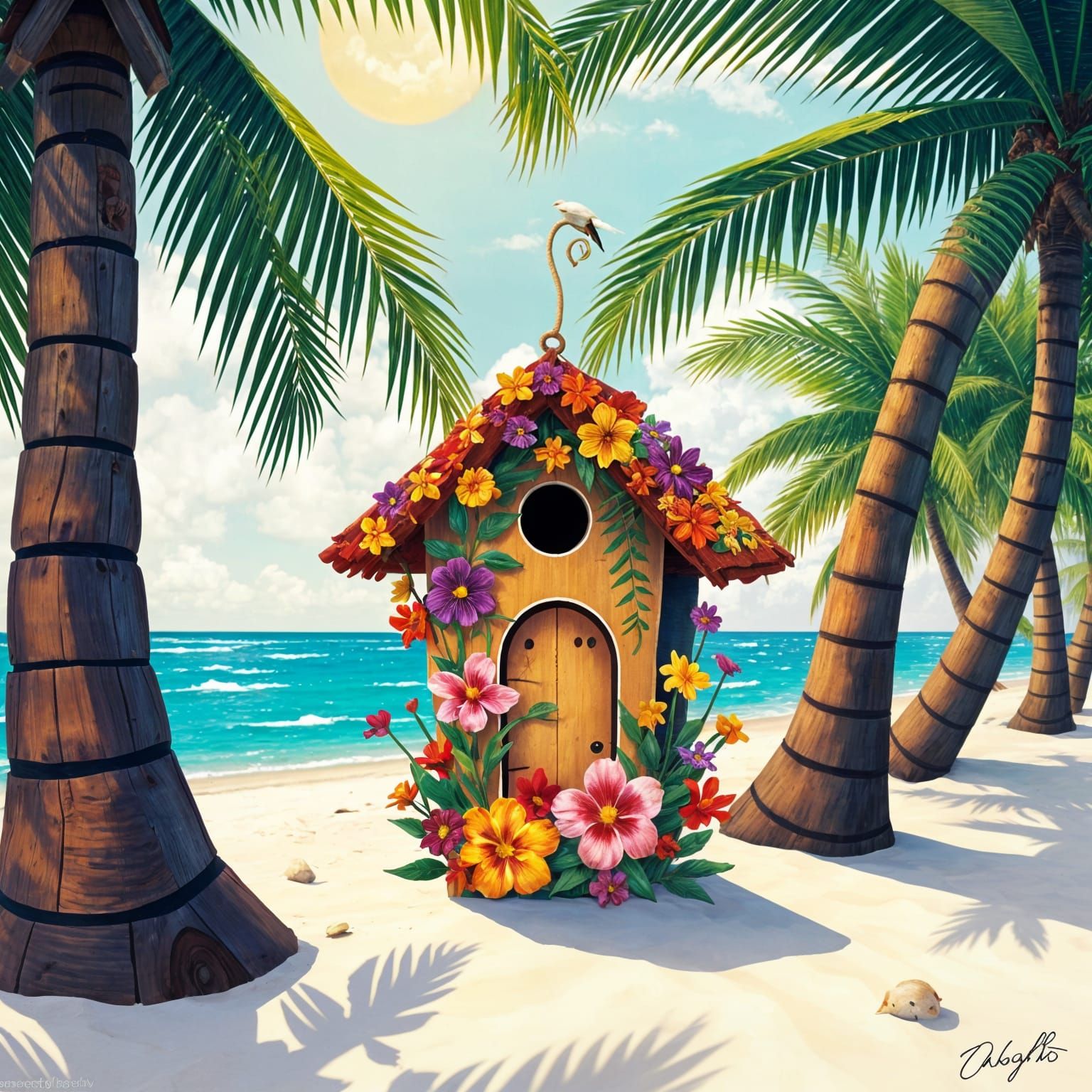 Tropical Birdhouse on Sunny Beach with Flowers