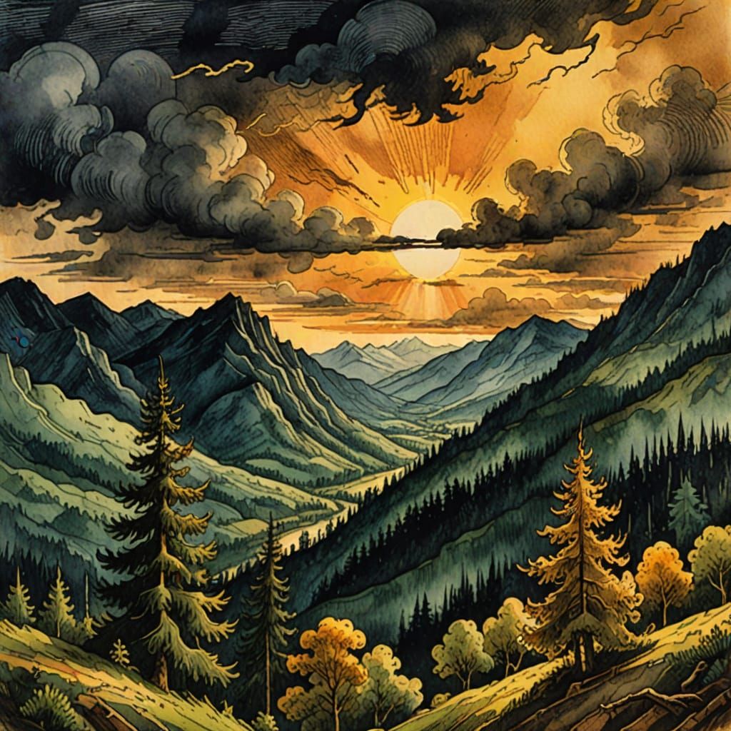 Sunset Storm Over Mountains: Woodcut Watercolor