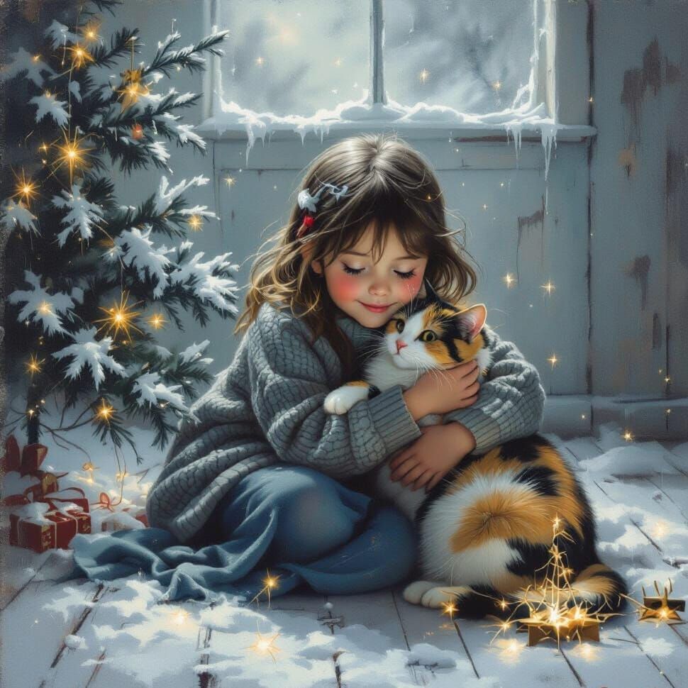 Young Girl Cuddles Cat in Lonely Room at Night