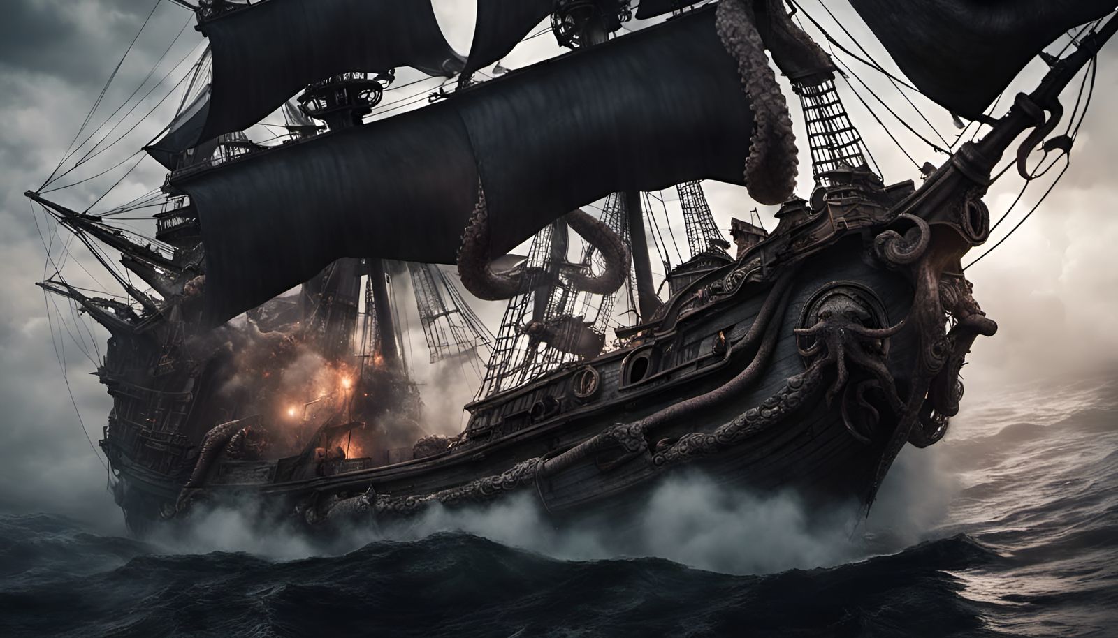 A Gigantic Octopus attacking a Pirate Ship