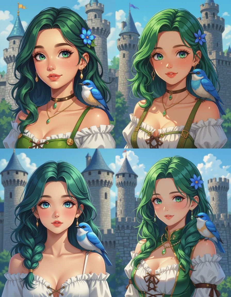Green-Haired Woman with Blue Bird by Castle