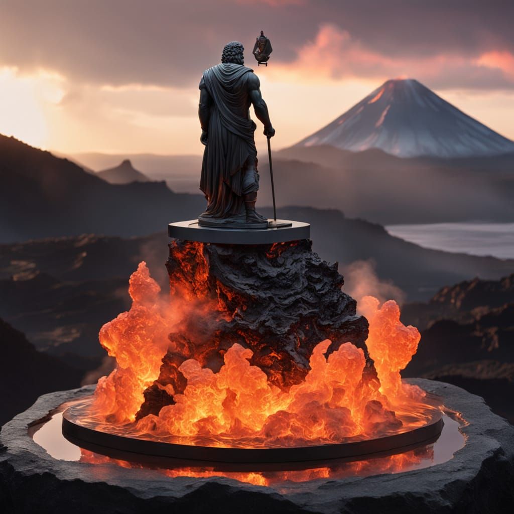 Obsidian Vulcanus Statue Before Erupting Volcano