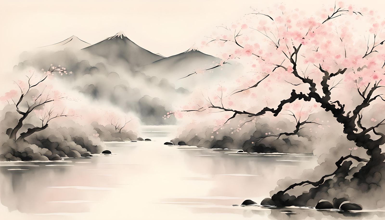 Tranquil Cherry Blossom Landscape in Minimalist Style