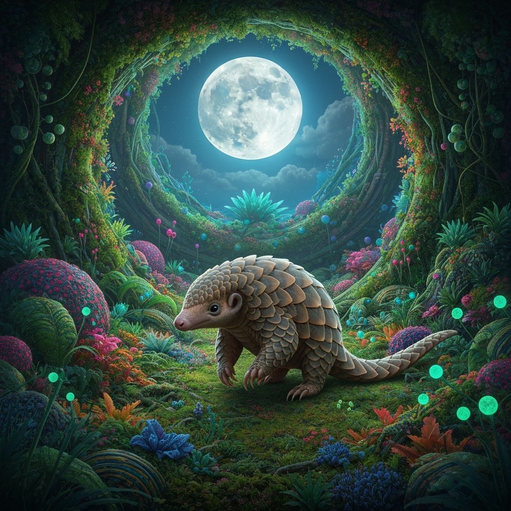 Pangolin in Utopian Sanctuary Under Full Moon