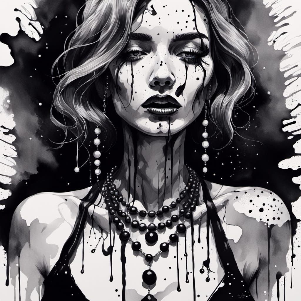Mysterious Woman Bites Necklace in Ink Illustration