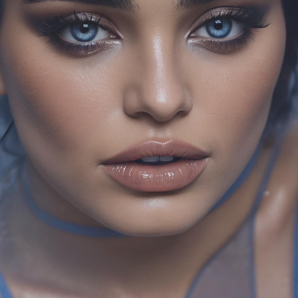 Kylie Jenner, Blue sheer nylon bodysuit, pantyhose, Smokey eyes, wet, black and white picture