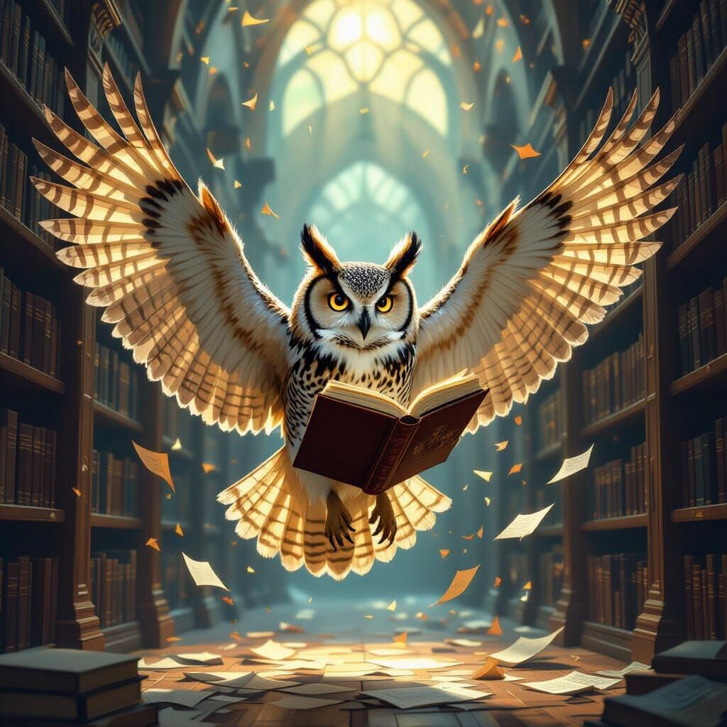 Wise Owl Reads in Magical Library
