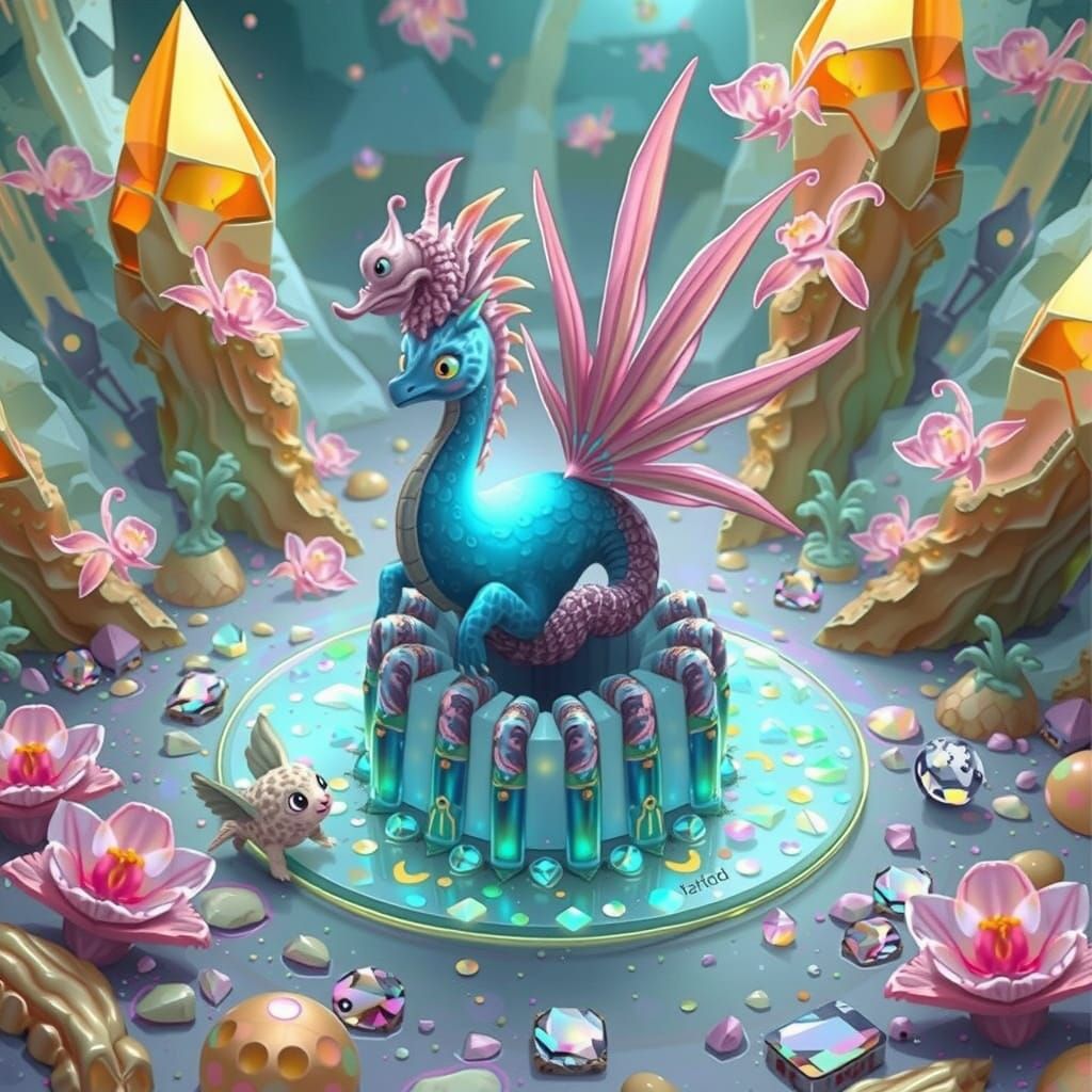 Bioluminescent Crystal Cavern with Dragon and Sea Horse