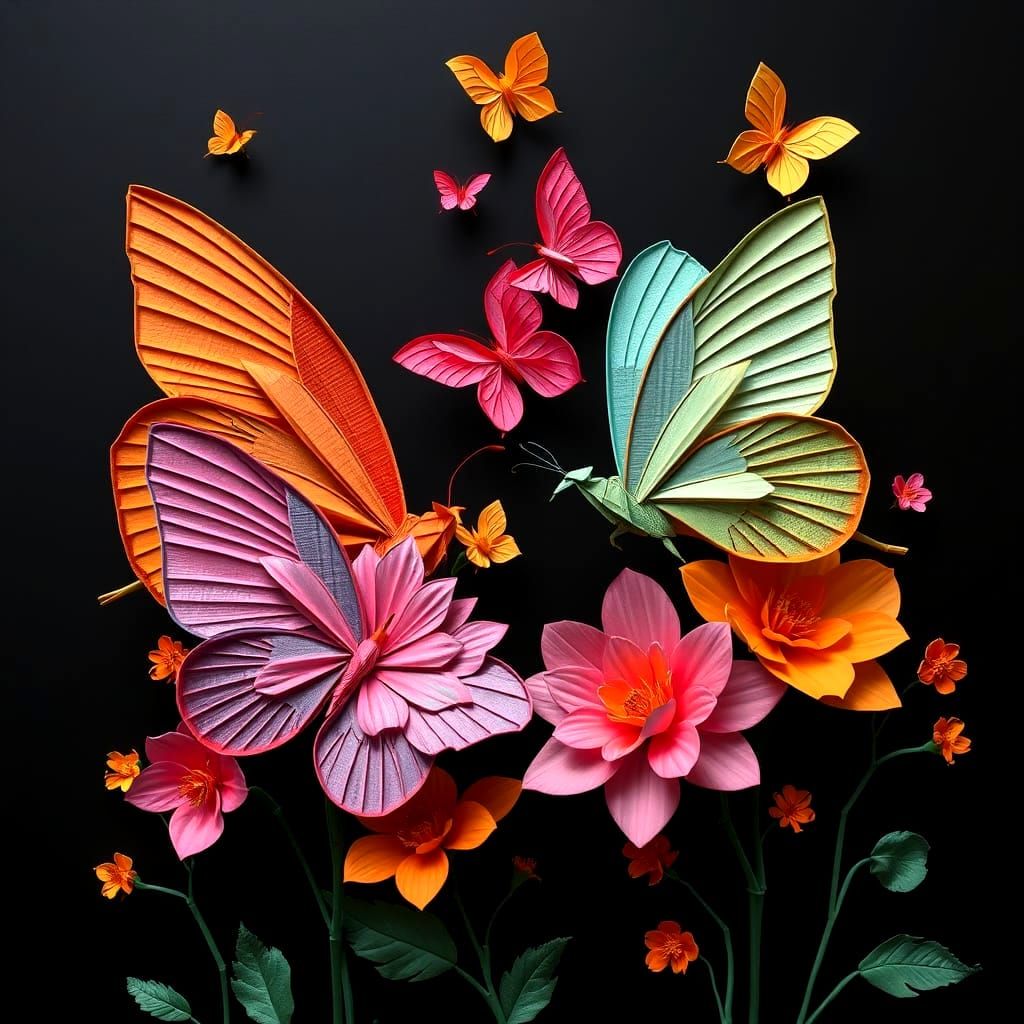 Origami Butterflies and Flowers in Pop Surrealist Style