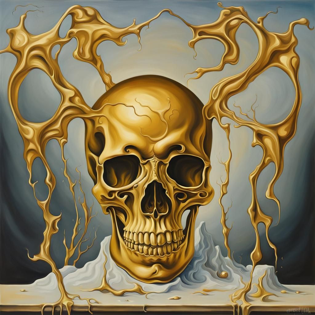 Golden Skull in Surreal Salvador Dali Style