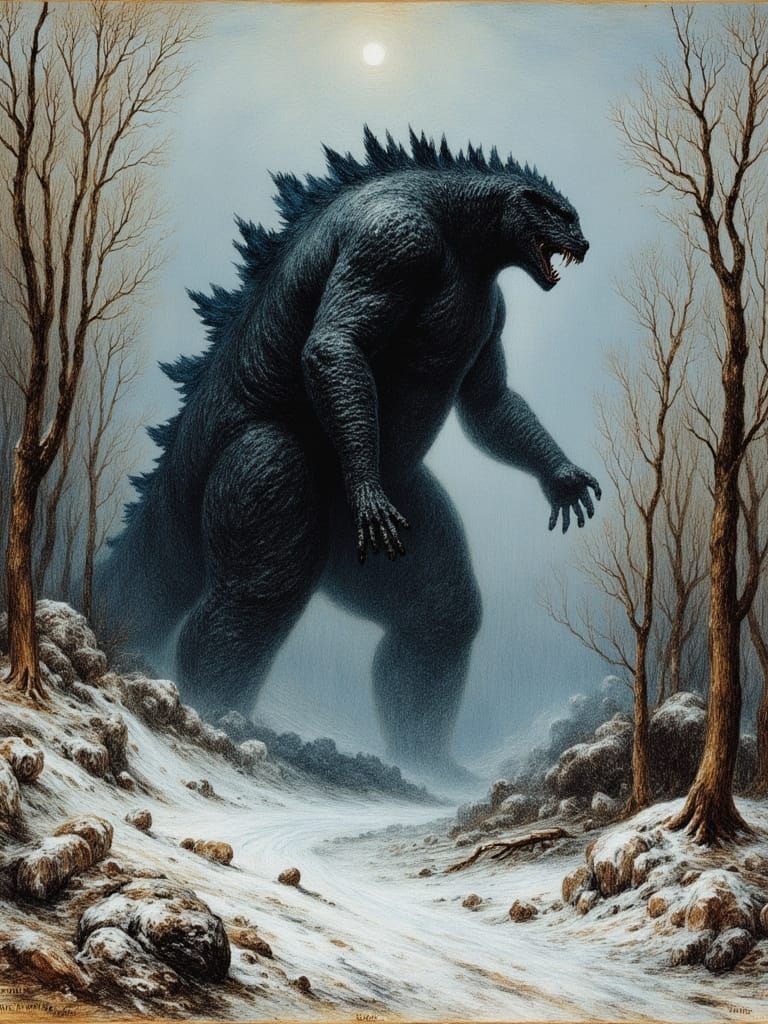 Godzilla in Winter Forest: Impasto Acrylic Painting