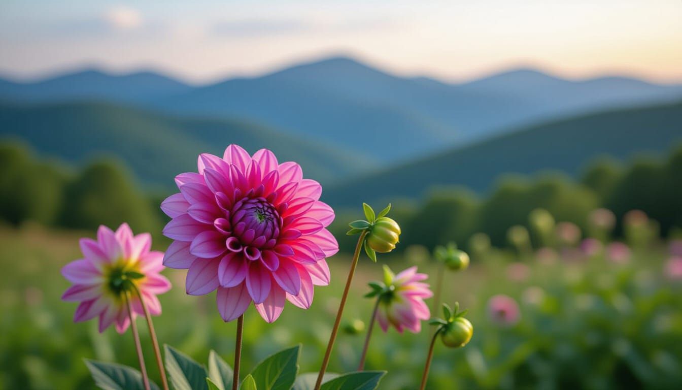 Dahlia Blooms Against Blue Ridge Mountains Backdrop