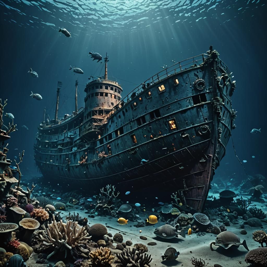 The Sunken Titanic Shipwreck at the bottom of the ocean, sha...