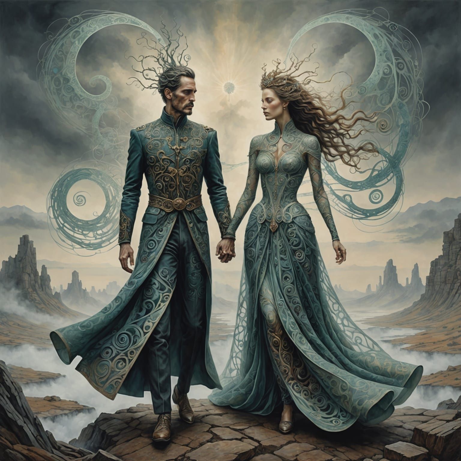 Dreamlike Figures in Ethereal Mixed-Media Style