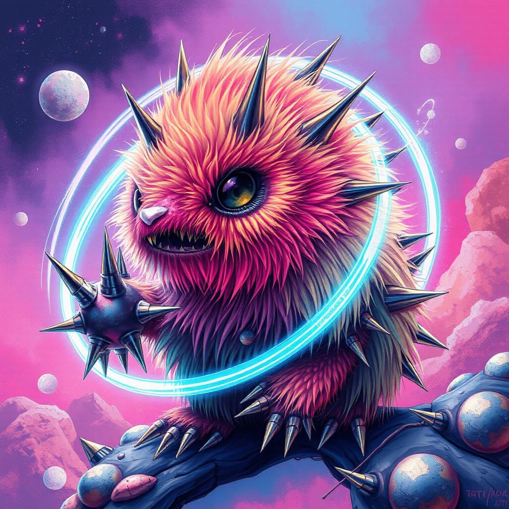 a fuzzy creature with energy rings and spikes , mixed media,...