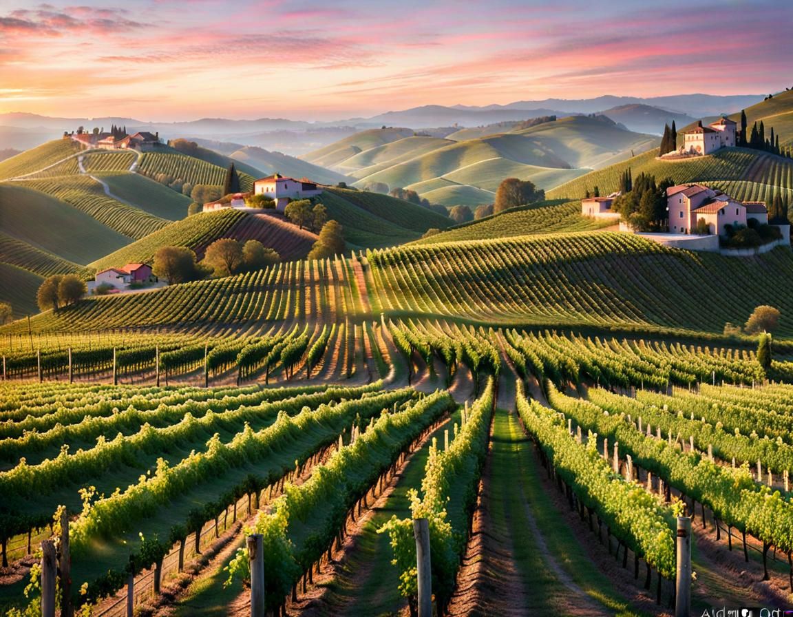 Vineyards at Sunrise in Pastel Colors