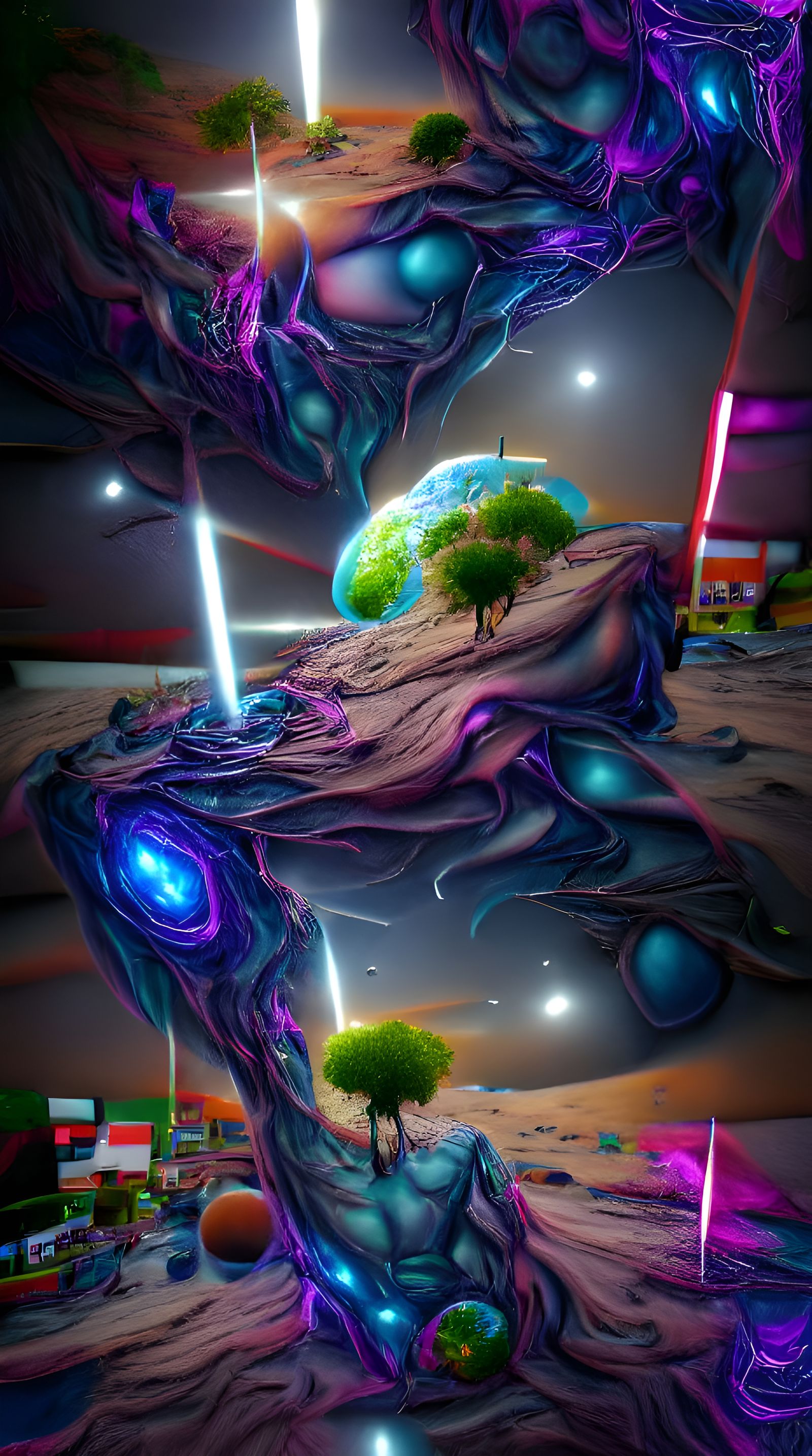 Cosmic Tree at Universe End: Neon Retro Illustration
