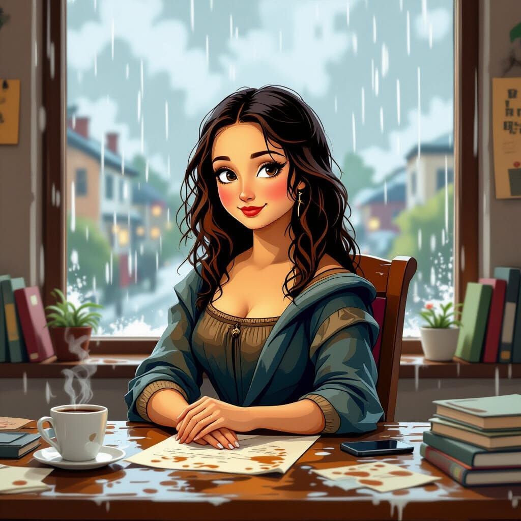 Cartoon Mona Lisa at Cluttered Desk