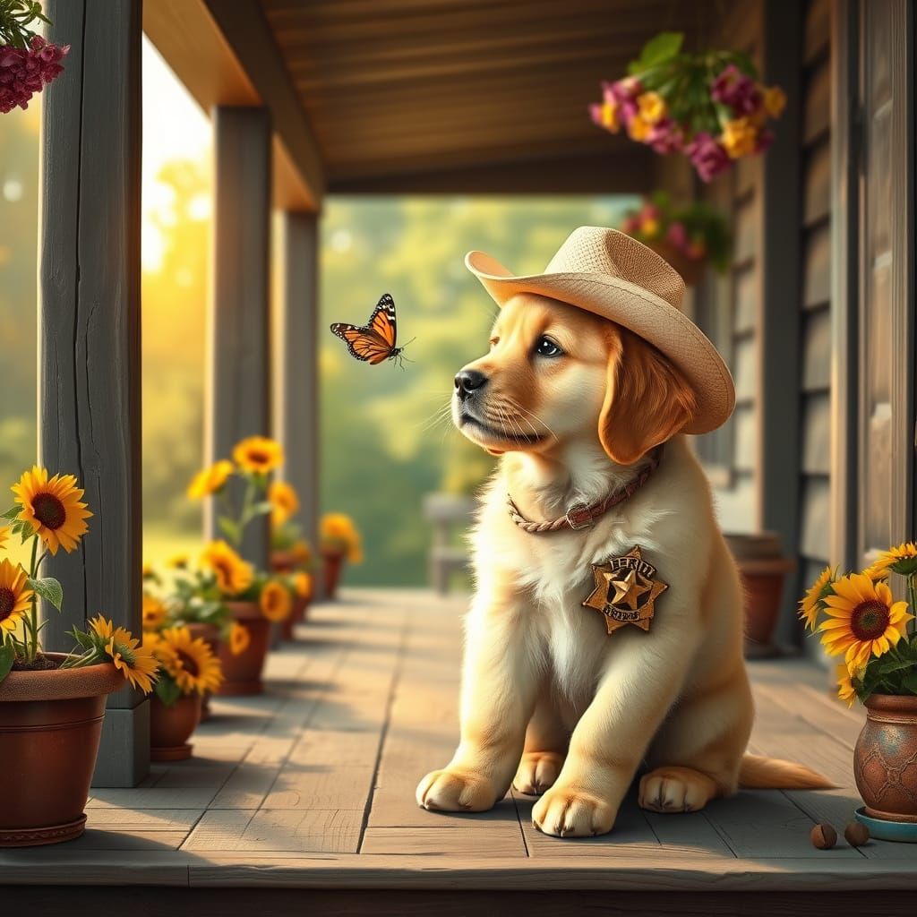 A golden retriever puppy wearing a tiny cowboy hat and a miniature sheriff's badge, sitting patiently on a weathered woo...
