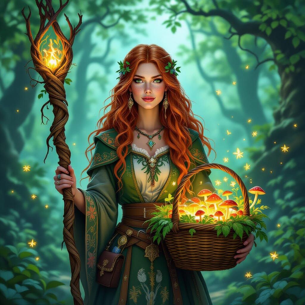 Celtic Herbalist in Mystical Forest