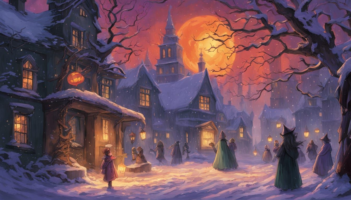 Anime Style Town Square Under Ghostly Orange and Violet Snow...