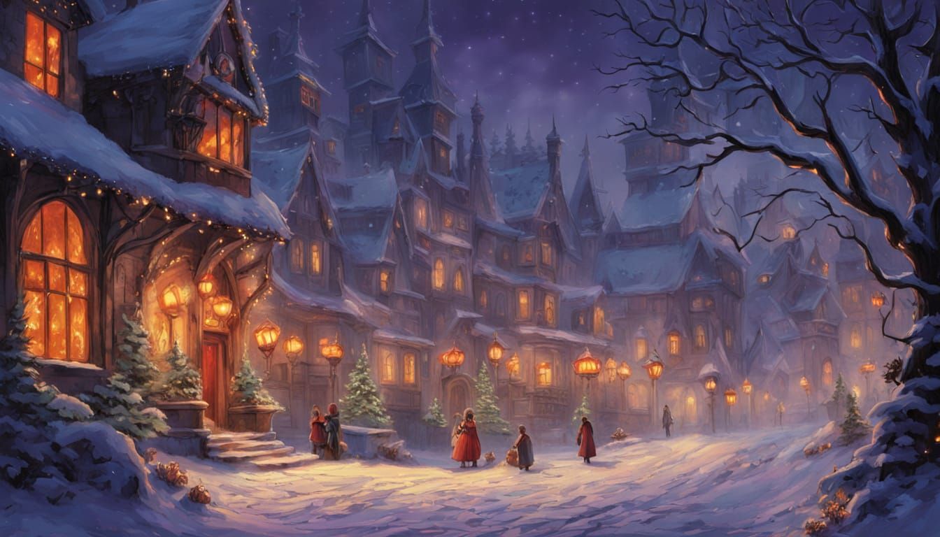 Anime Style Town Square With Spectral Snowfall