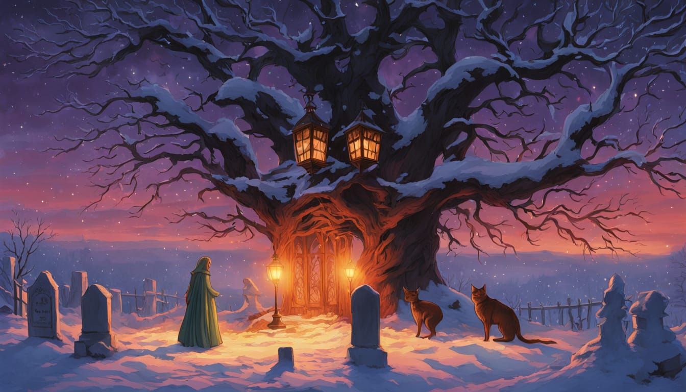 Anime Town Square Under Ghostly Orange and Violet Snowfall