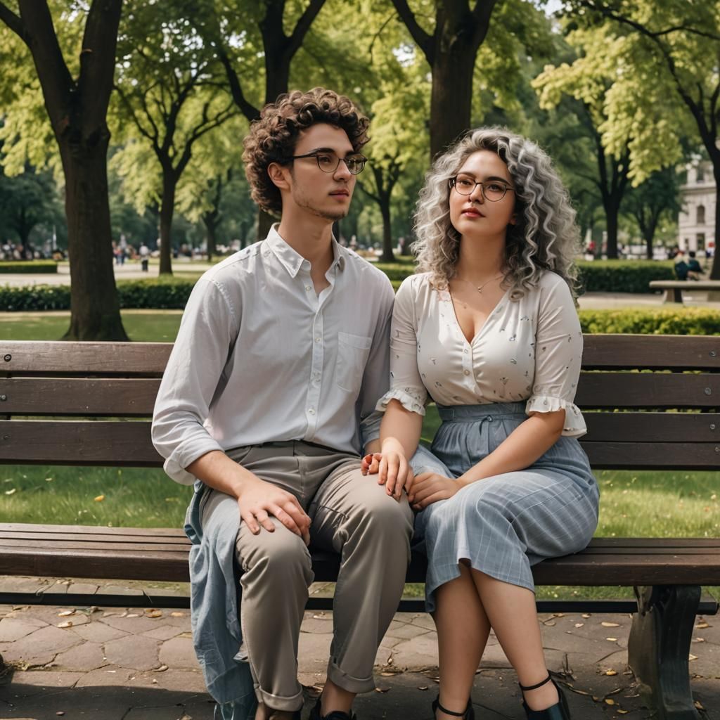Curvy Girl and Skinny Boy on Park Bench