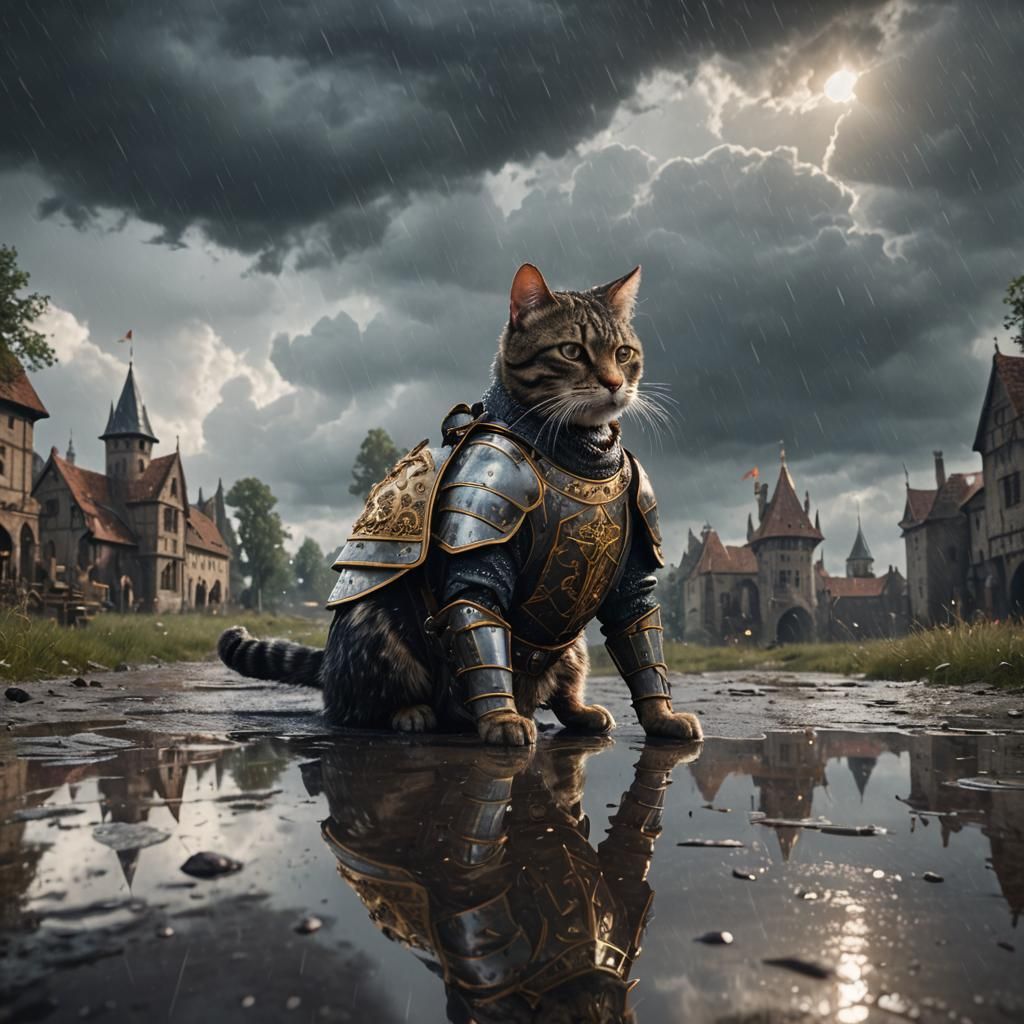 Battlefield Cat in Medieval Armor with Dark Clouds