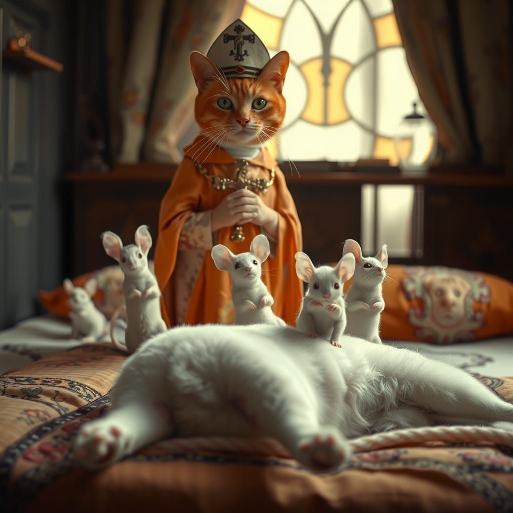Eerie Orange Cat Priest in Cinematic Style