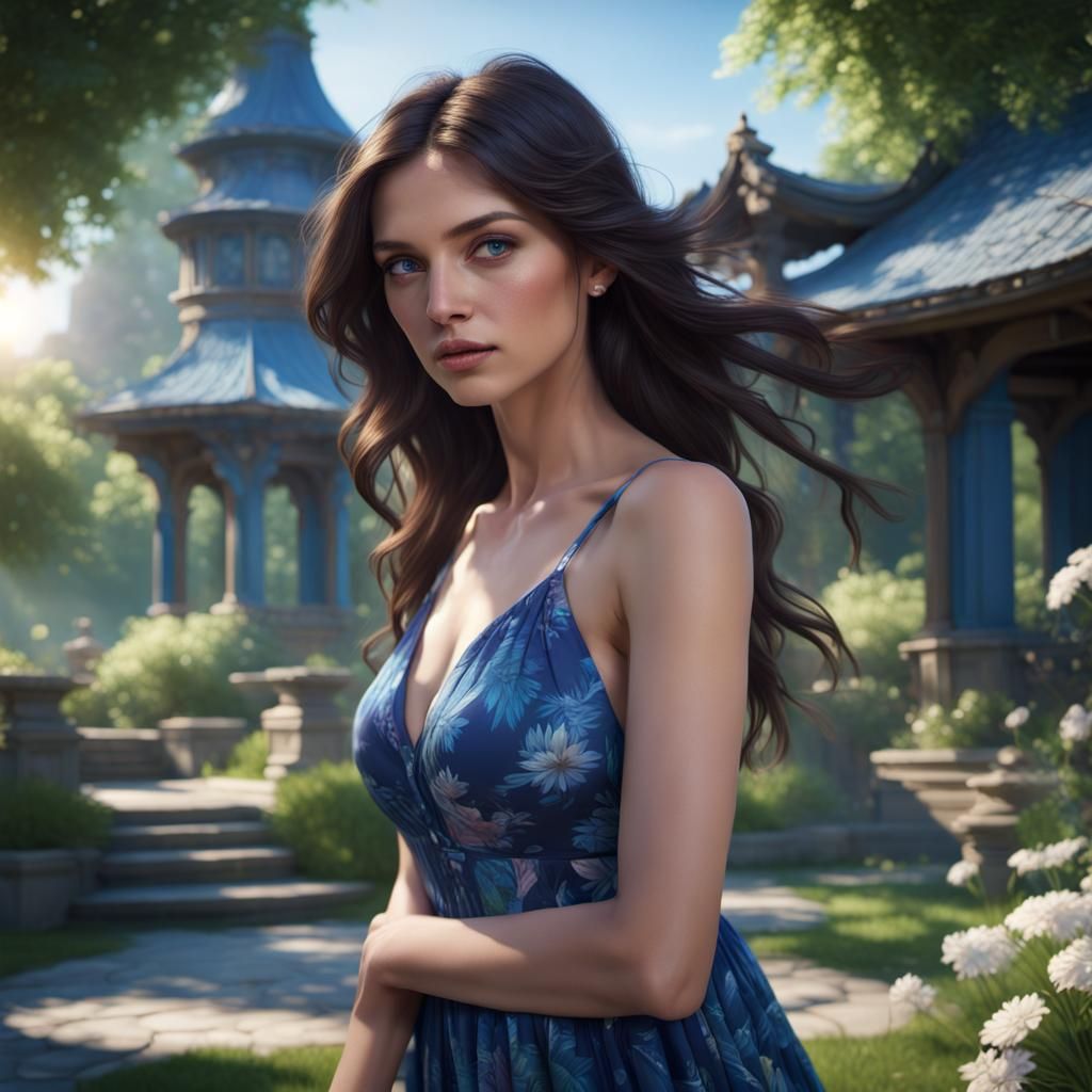 Beautiful Woman with Sapphire Eyes in Park