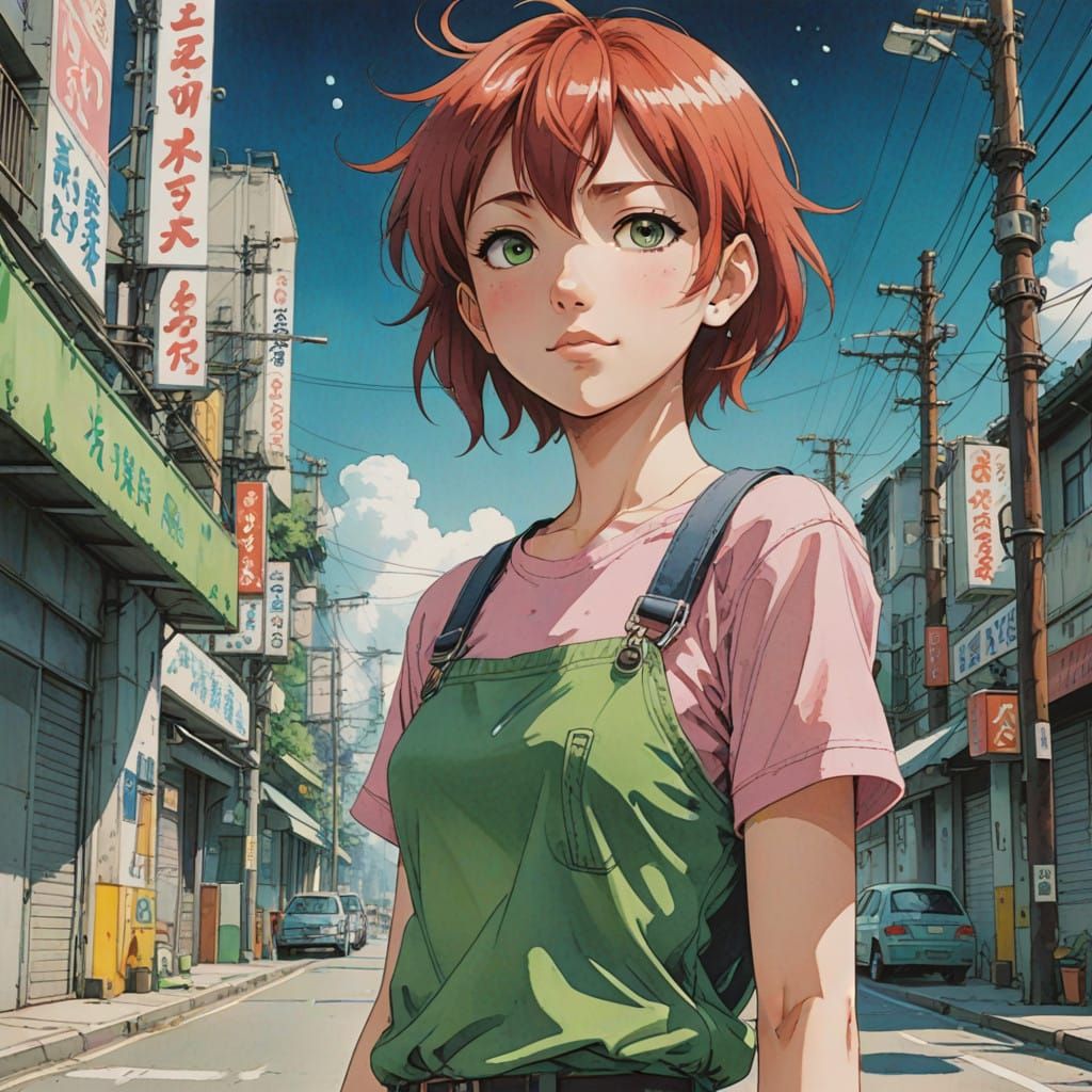anime female, red hair, pixie cut, wide smile, bright green ...